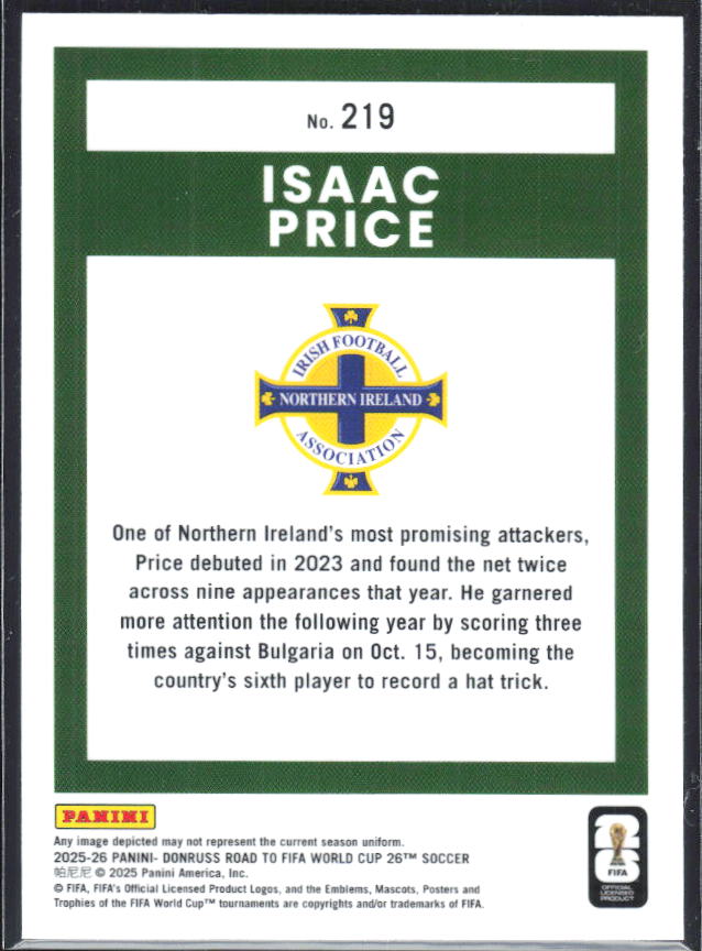 Isaac Price 2025-26 Donruss Road to FIFA World Cup Optic Rated Rookie #219 – baksida