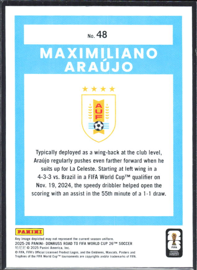 Maximiliano Araújo 2025-26 Donruss Road to FIFA World Cup #48 – baksida