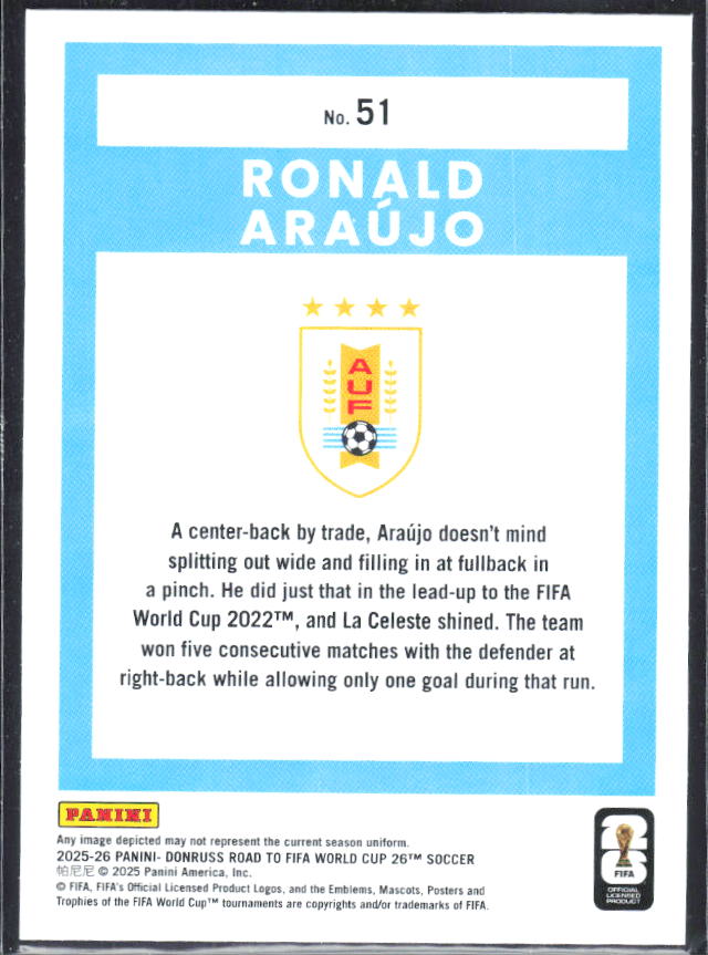 Ronald Araújo 2025-26 Donruss Road to FIFA World Cup #51 – baksida