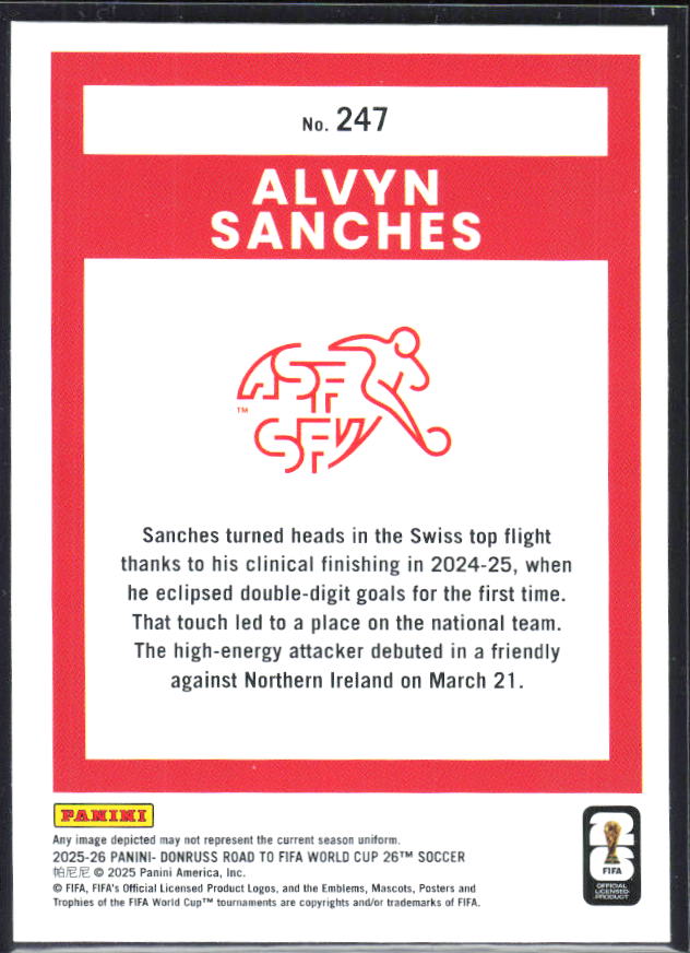 Alvyn Sanches 2025-26 Donruss Road to FIFA World Cup Rated Rookie #247 – baksida