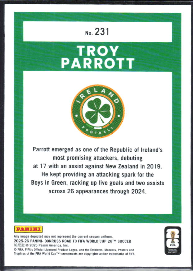 Troy Parrott 2025-26 Donruss Road to FIFA World Cup Optic Rated Rookie #231 – baksida