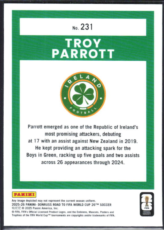 Troy Parrott 2025-26 Donruss Road to FIFA World Cup Optic Rated Rookie #231 – baksida