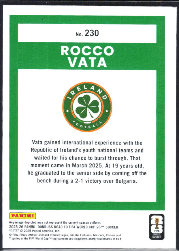 Rocco Vata 2025-26 Donruss Road to FIFA World Cup Rated Rookie #230 – baksida