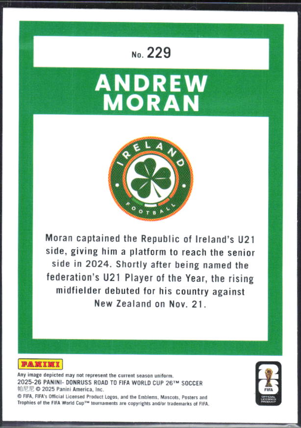 Andrew Moran 2025-26 Donruss Road to FIFA World Cup Rated Rookie #229 – baksida