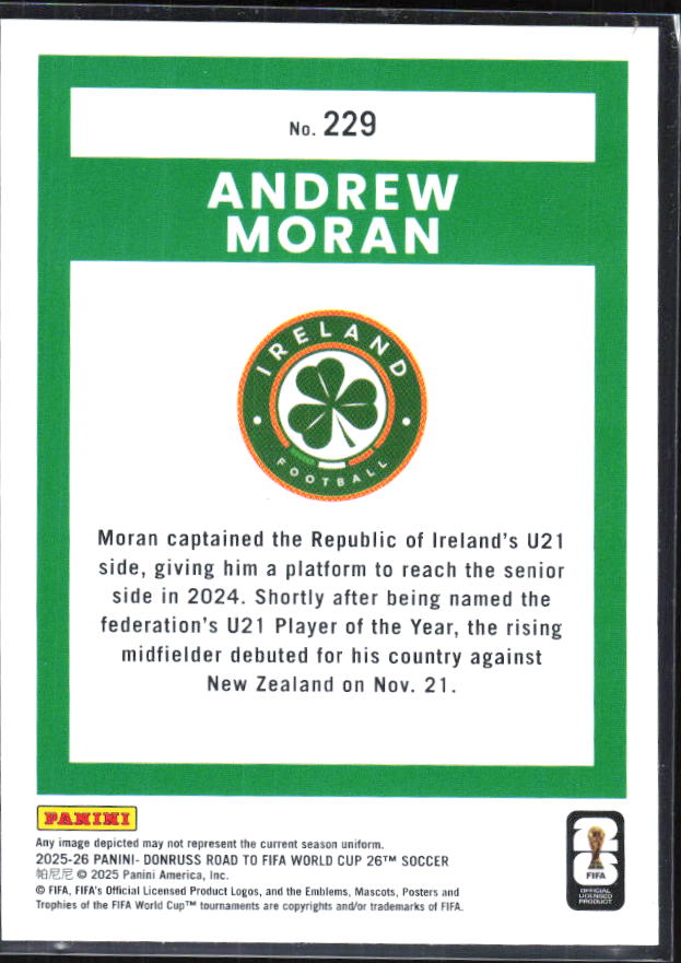 Andrew Moran 2025-26 Donruss Road to FIFA World Cup Rated Rookie #229 – baksida