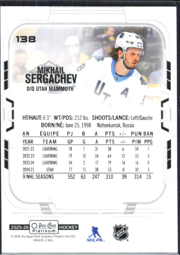 Mikhail Sergachev 2025-26 O-Pee-Chee Platinum #138 – baksida