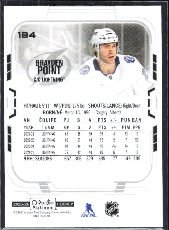 Brayden Point 2025-26 O-Pee-Chee Platinum #184 – baksida
