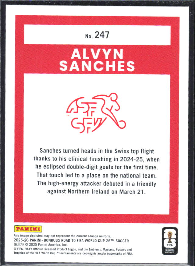 Alvyn Sanches 2025-26 Donruss Road to FIFA World Cup Rated Rookie #247 – baksida