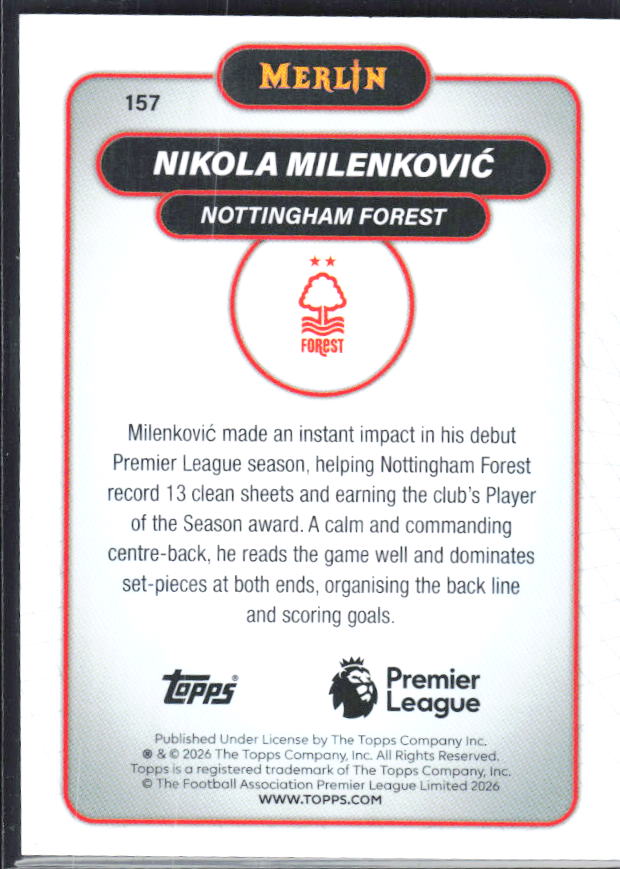 Nikola Milenković 2026 Merlin Premier League #157 – baksida