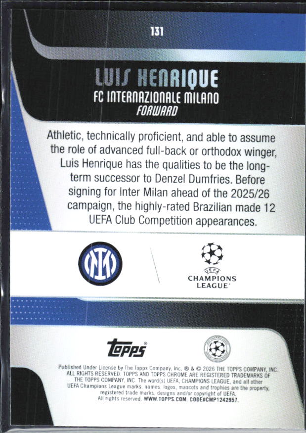 Luis Henrique 2025-26 Chrome UEFA #131 – baksida