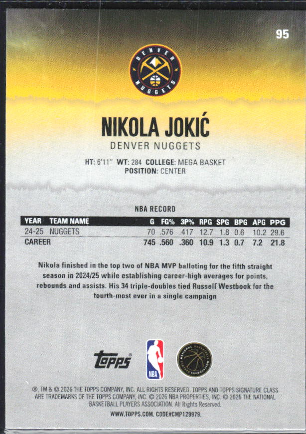 Nikola Jokić 2025-26 Signature Class #95 – baksida