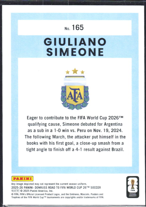 Giuliano Simeone 2025-26 Donruss Road to FIFA World Cup #165 – baksida