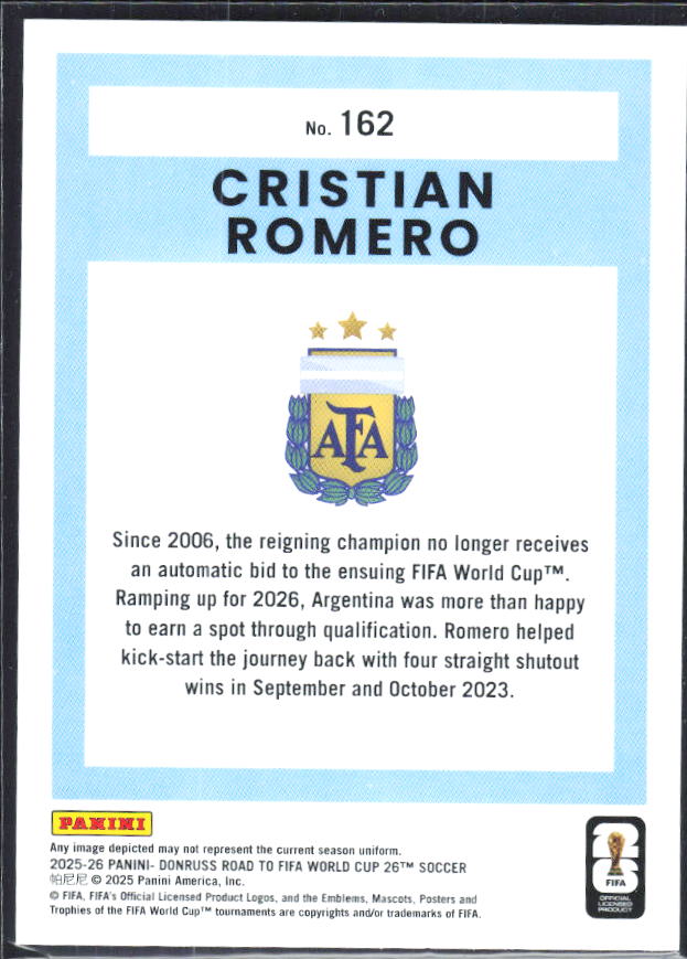 Cristian Romero 2025-26 Donruss Road to FIFA World Cup #162 – baksida