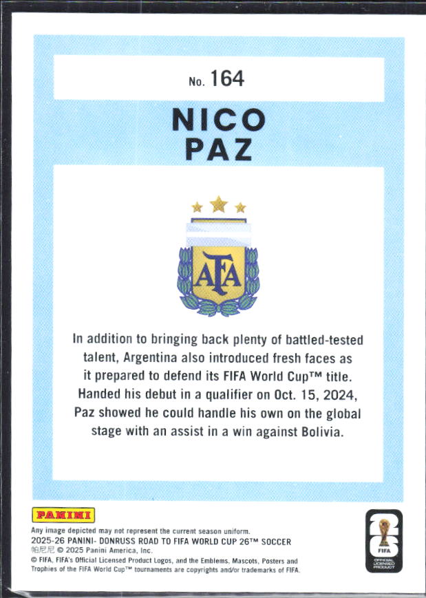 Nico Paz 2025-26 Donruss Road to FIFA World Cup #164 – baksida