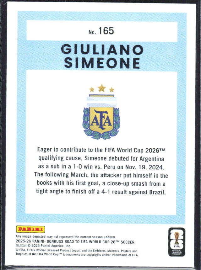 Giuliano Simeone 2025-26 Donruss Road to FIFA World Cup #165 – baksida