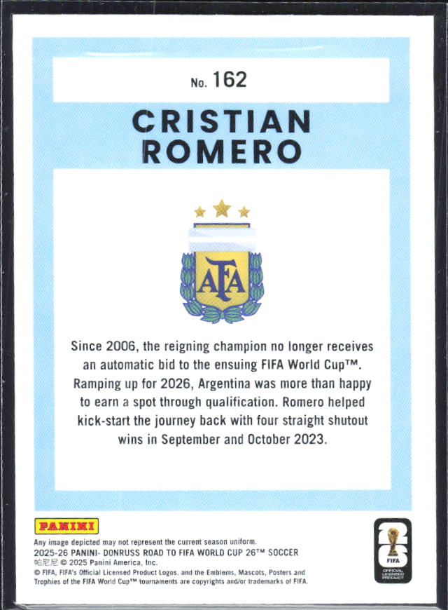 Cristian Romero 2025-26 Donruss Road to FIFA World Cup #162 – baksida