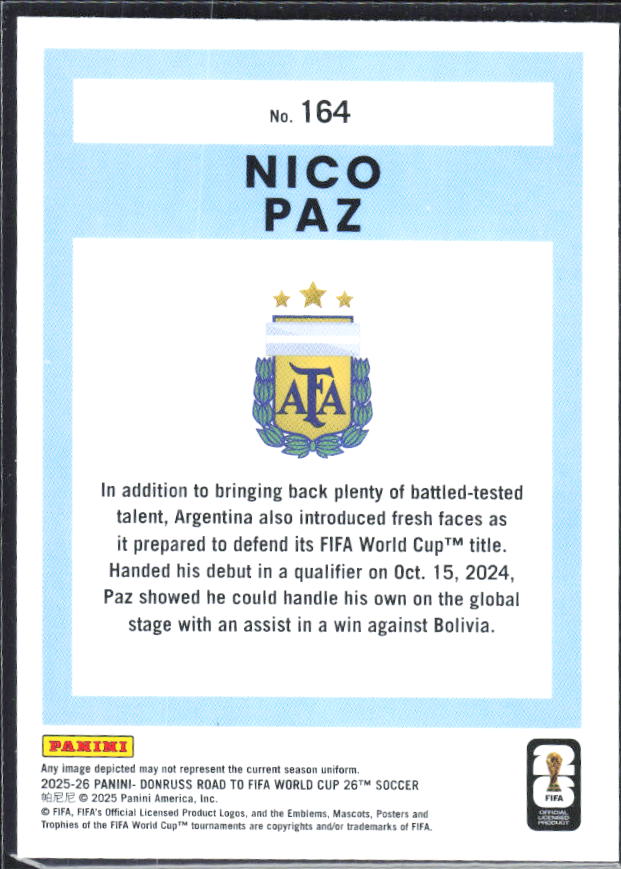 Nico Paz 2025-26 Donruss Road to FIFA World Cup #164 – baksida