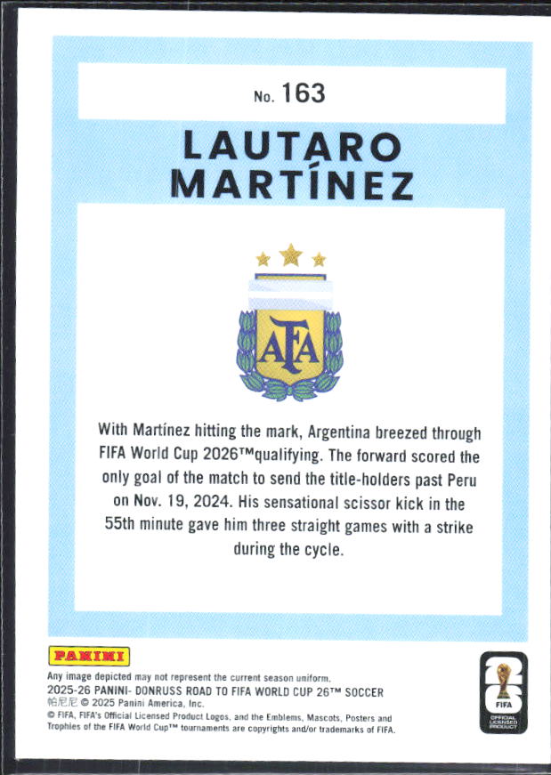 Lautaro Martínez 2025-26 Donruss Road to FIFA World Cup #163 – baksida