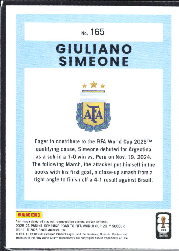 Giuliano Simeone 2025-26 Donruss Road to FIFA World Cup #165 – baksida