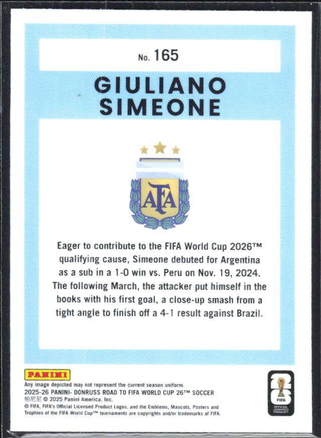 Giuliano Simeone 2025-26 Donruss Road to FIFA World Cup Optic #165 – baksida