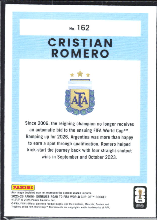 Cristian Romero 2025-26 Donruss Road to FIFA World Cup Optic #162 – baksida