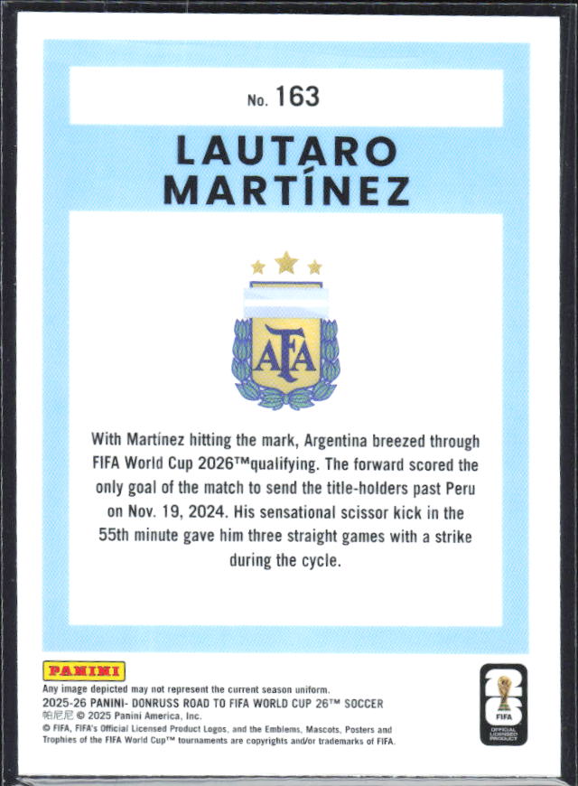 Lautaro Martínez 2025-26 Donruss Road to FIFA World Cup Optic #163 – baksida