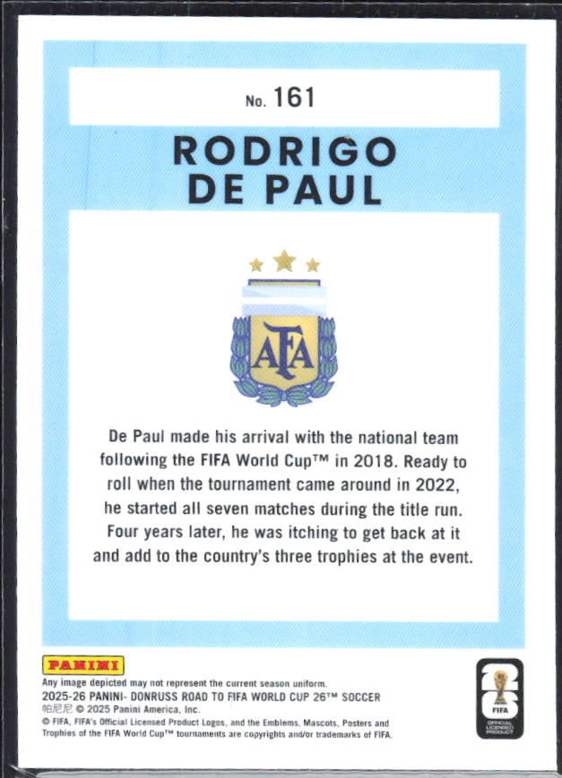 Rodrigo De Paul 2025-26 Donruss Road to FIFA World Cup Optic #161 – baksida