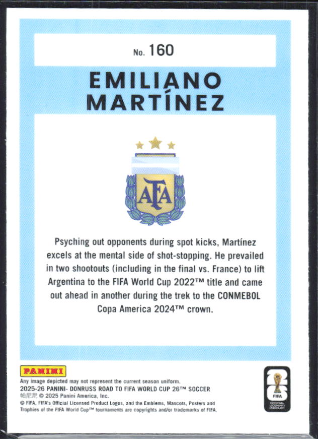 Emiliano Martínez 2025-26 Donruss Road to FIFA World Cup Optic #160 – baksida