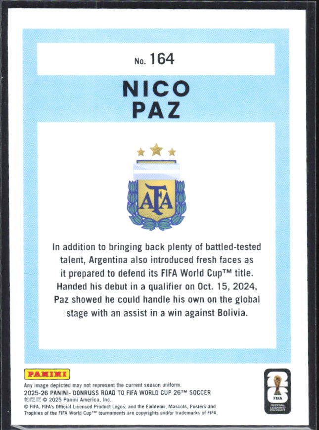 Nico Paz 2025-26 Donruss Road to FIFA World Cup #164 – baksida