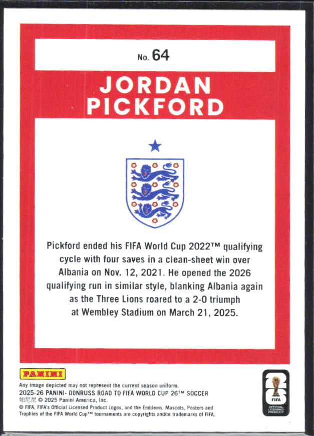 Jordan Pickford 2025-26 Donruss Road to FIFA World Cup #64 – baksida