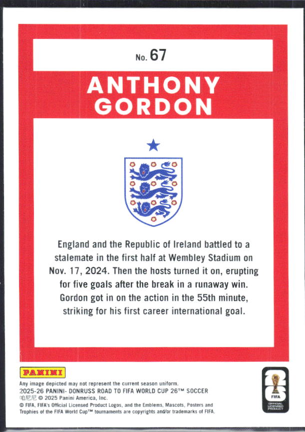 Anthony Gordon 2025-26 Donruss Road to FIFA World Cup #67 – baksida