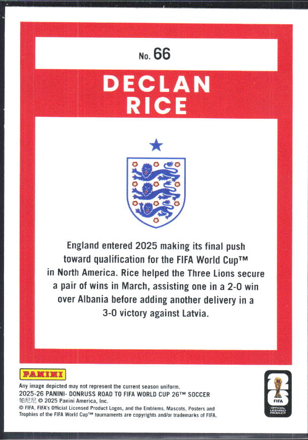 Declan Rice 2025-26 Donruss Road to FIFA World Cup #66 – baksida