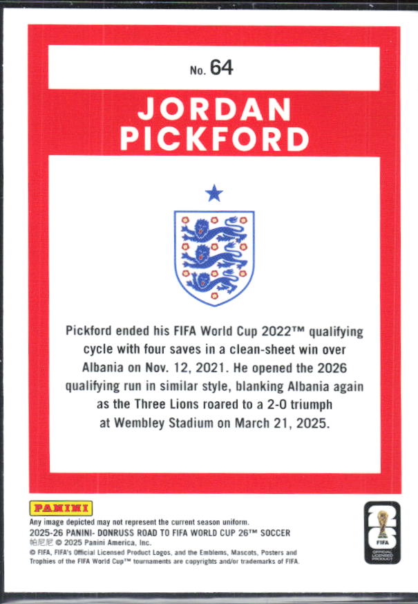 Jordan Pickford 2025-26 Donruss Road to FIFA World Cup Optic #64 – baksida