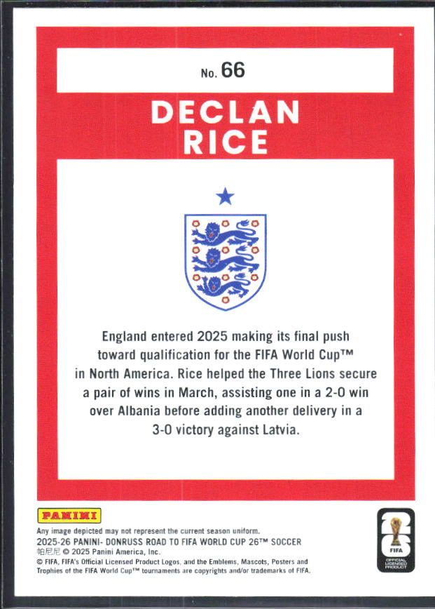 Declan Rice 2025-26 Donruss Road to FIFA World Cup #66 – baksida