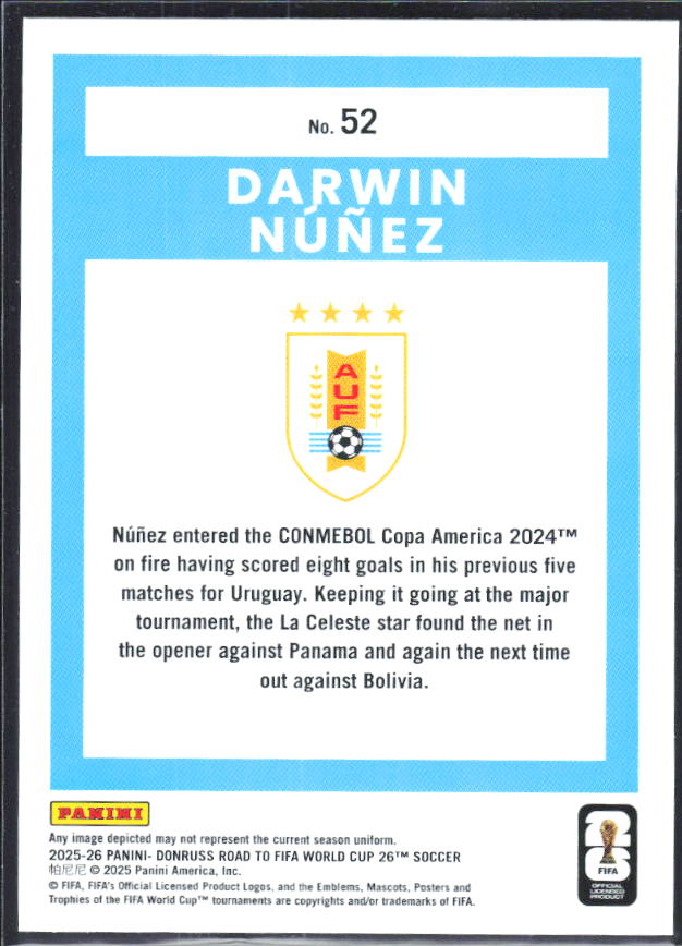 Darwin Núñez 2025-26 Donruss Road to FIFA World Cup #52 – baksida