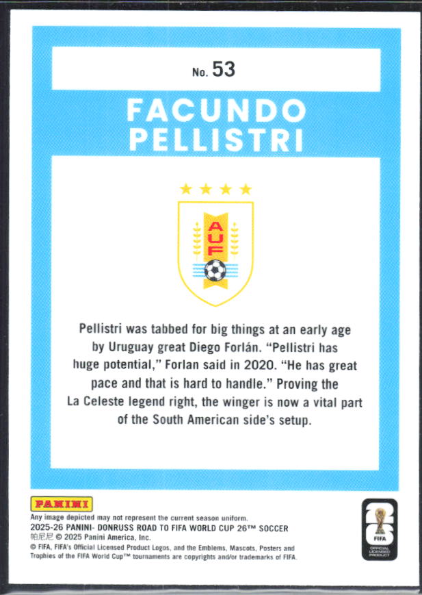 Facundo Pellistri 2025-26 Donruss Road to FIFA World Cup Optic #53 – baksida
