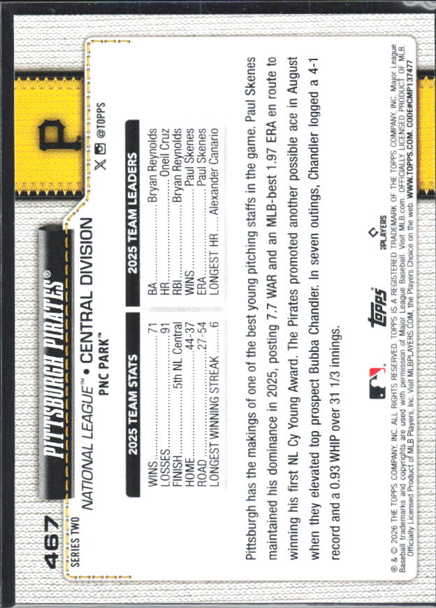 Pittsburgh Pirates 2026 Series 2 #467 – baksida