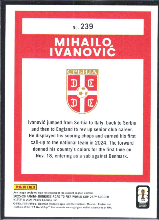 Mihailo Ivanović 2025-26 Donruss Road to FIFA World Cup Rated Rookie #239 – baksida