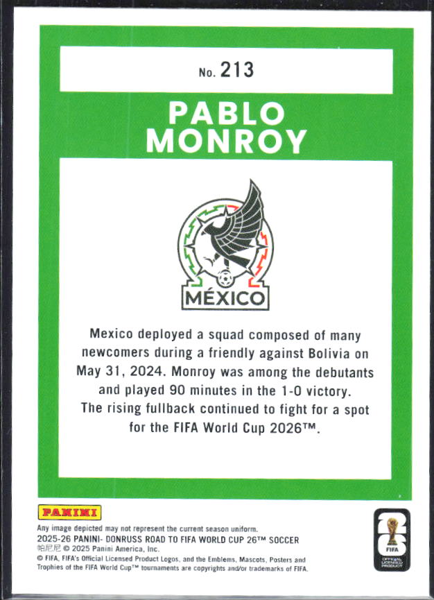 Pablo Monroy 2025-26 Donruss Road to FIFA World Cup Rated Rookie #213 – baksida