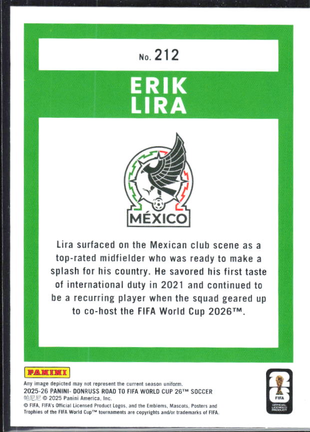 Erik Lira 2025-26 Donruss Road to FIFA World Cup Rated Rookie #212 – baksida