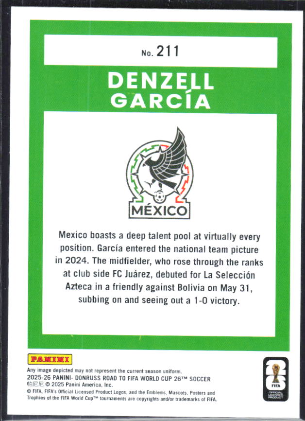 Denzell García 2025-26 Donruss Road to FIFA World Cup Rated Rookie #211 – baksida