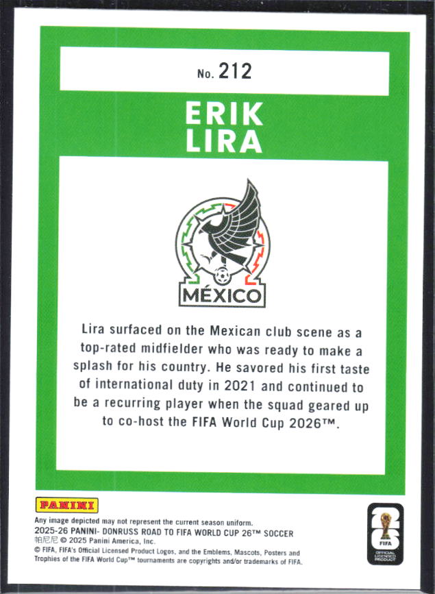 Erik Lira 2025-26 Donruss Road to FIFA World Cup Rated Rookie #212 – baksida