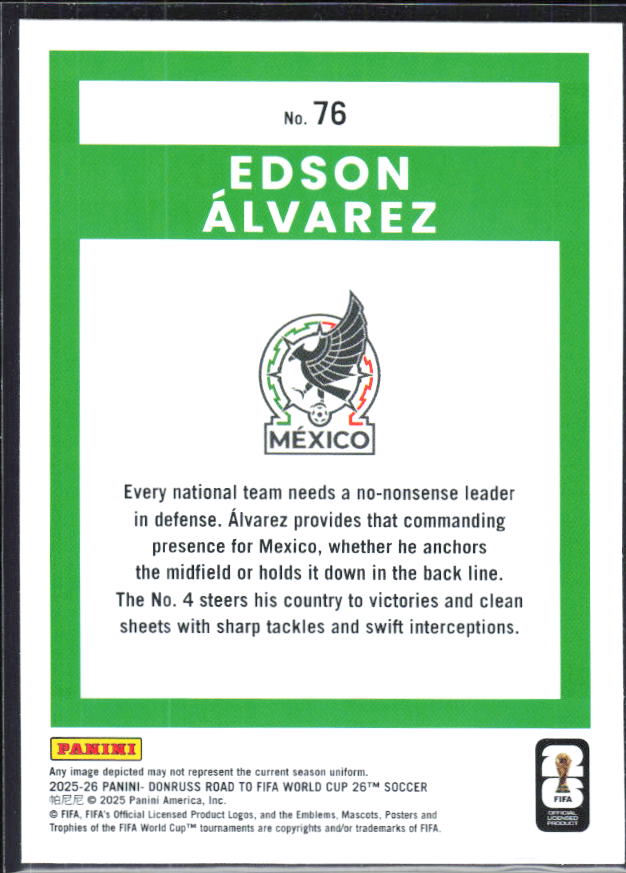 Edson Álvarez 2025-26 Donruss Road to FIFA World Cup #76 – baksida