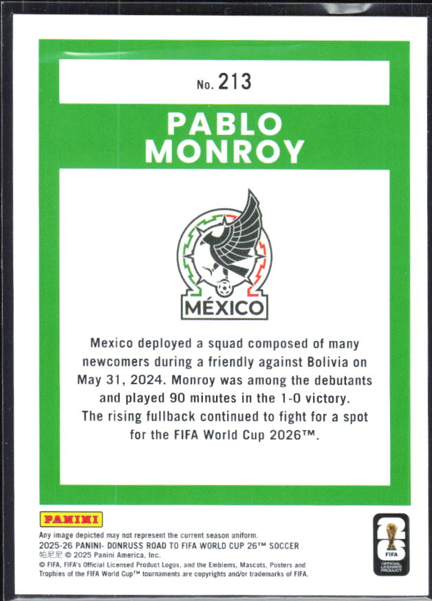 Pablo Monroy 2025-26 Donruss Road to FIFA World Cup Rated Rookie #213 – baksida
