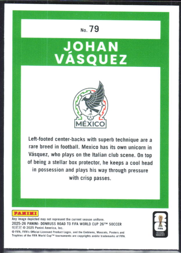 Johan Vásquez 2025-26 Donruss Road to FIFA World Cup Optic #79 – baksida