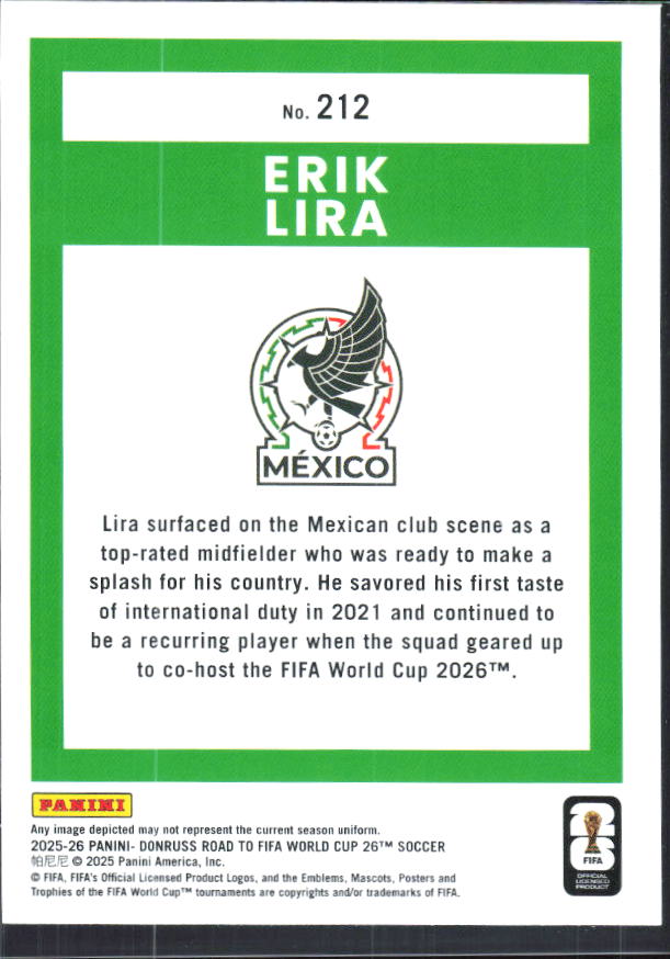 Erik Lira 2025-26 Donruss Road to FIFA World Cup Rated Rookie #212 – baksida