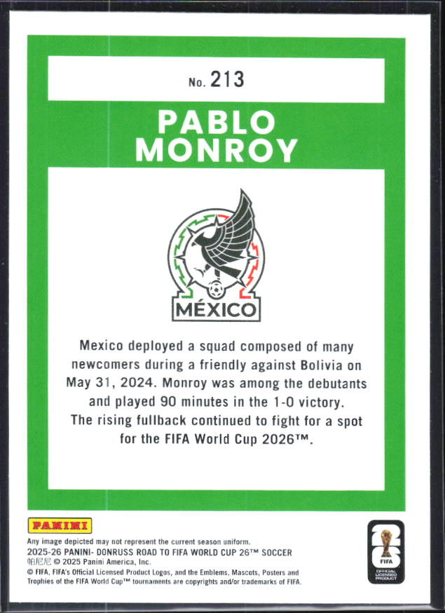 Pablo Monroy 2025-26 Donruss Road to FIFA World Cup Rated Rookie #213 – baksida