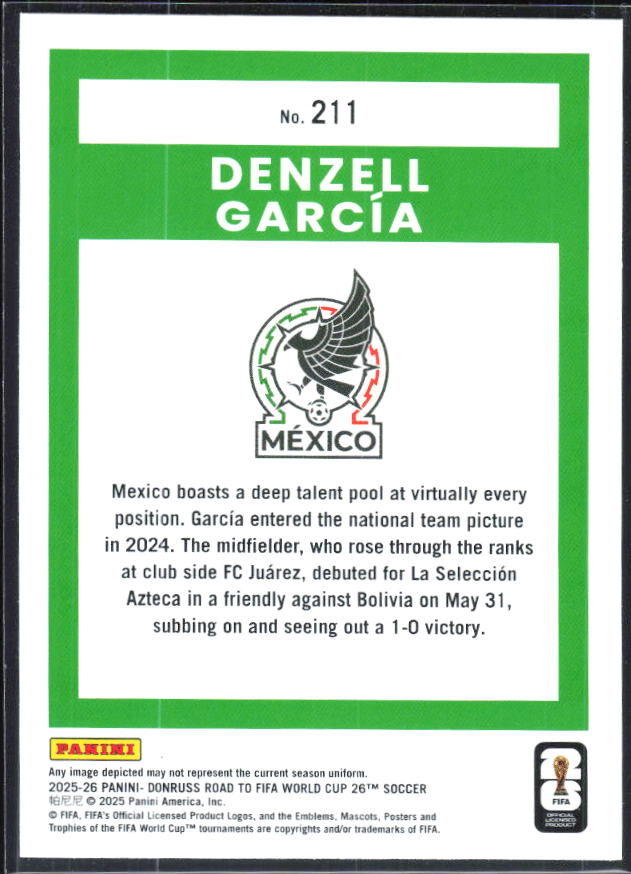 Denzell García 2025-26 Donruss Road to FIFA World Cup Rated Rookie #211 – baksida
