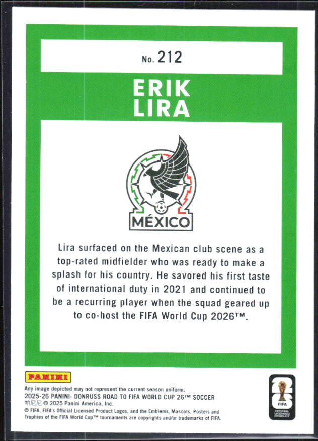 Erik Lira 2025-26 Donruss Road to FIFA World Cup Rated Rookie #212 – baksida