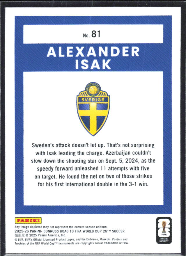 Alexander Isak 2025-26 Donruss Road to FIFA World Cup #81 – baksida
